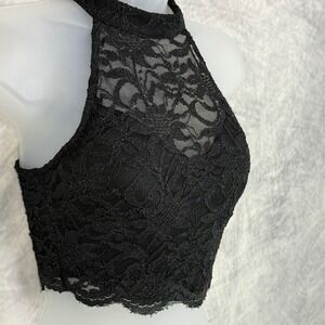 City Studio Black Lace Halter‎ Cropped Top Size 7 Sparkle Whimsigoth goth witchy
